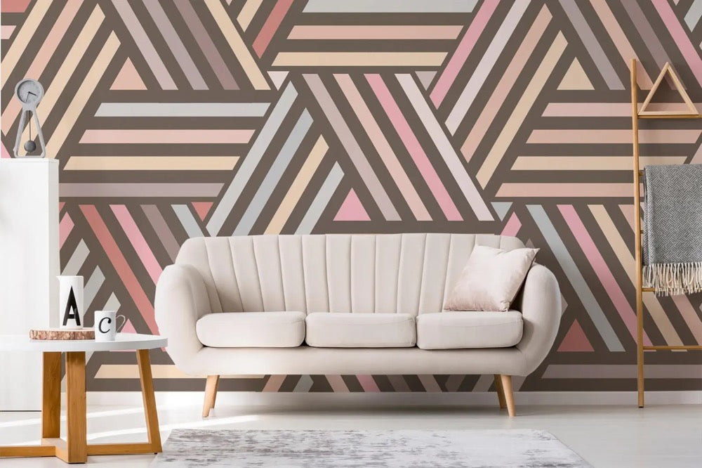 Bold Pastel Geometric wallpaper / Peel & Stick Striped Retro wall mural / Triangle Pattern mural – Removable Self-adhesive or Non-Pasted