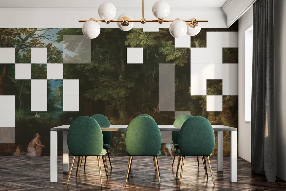 Vintage Landscape wallpaper / Peel & Stick Pixel Art wall mural / Dead Pixels Forest Scene mural – Removable Self-adhesive or Non