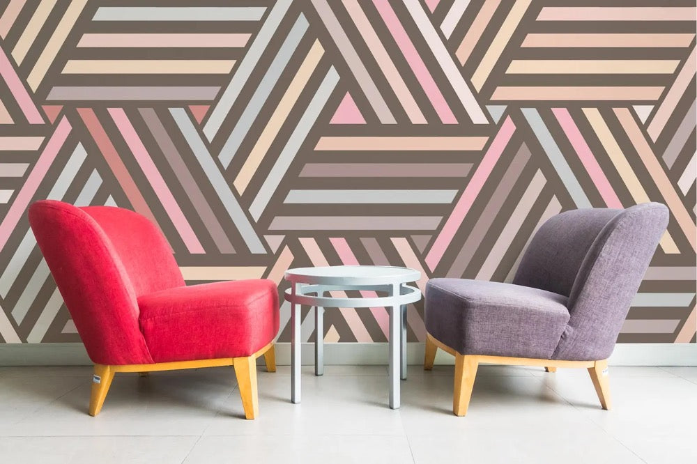 Bold Pastel Geometric wallpaper / Peel & Stick Striped Retro wall mural / Triangle Pattern mural – Removable Self-adhesive or Non-Pasted