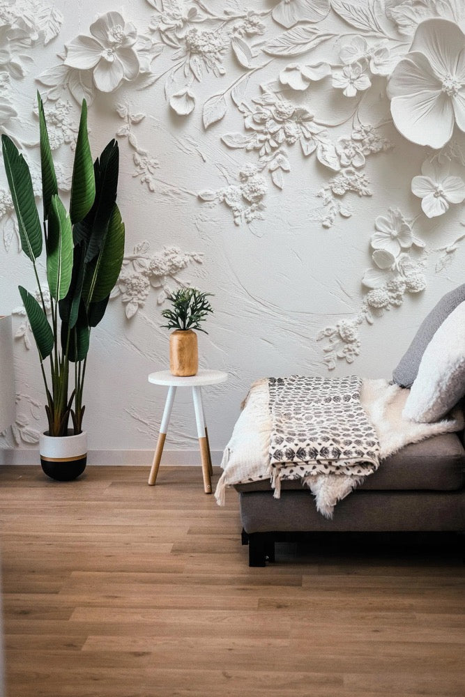 3D Floral Bloom wallpaper / Peel & Stick Botanical Relief wall mural / Sculpted Flowers mural print – Removable Self-adhesive or