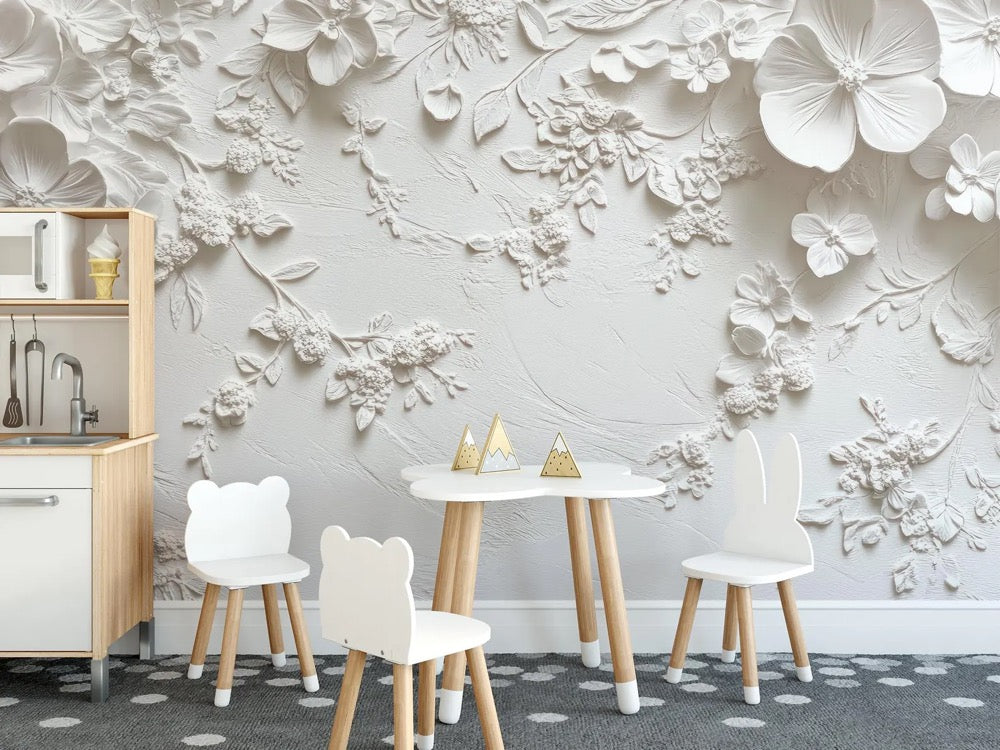 3D Floral Bloom wallpaper / Peel & Stick Botanical Relief wall mural / Sculpted Flowers mural print – Removable Self-adhesive or
