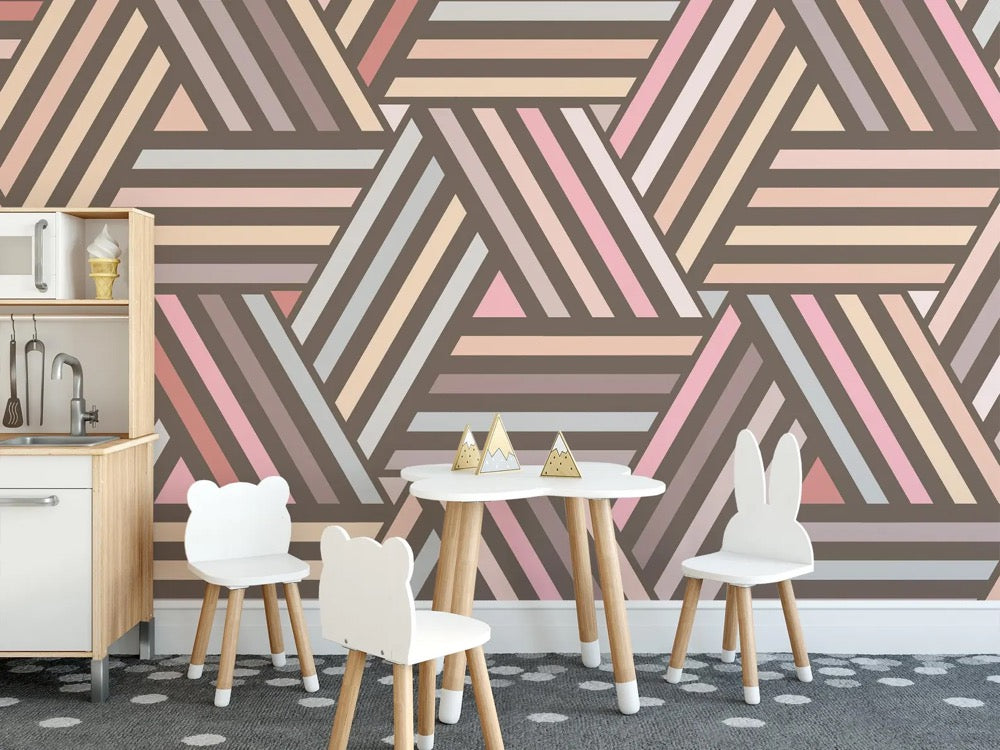 Bold Pastel Geometric wallpaper / Peel & Stick Striped Retro wall mural / Triangle Pattern mural – Removable Self-adhesive or Non-Pasted