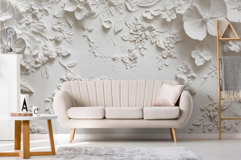 3D Floral Bloom wallpaper / Peel & Stick Botanical Relief wall mural / Sculpted Flowers mural print – Removable Self-adhesive or