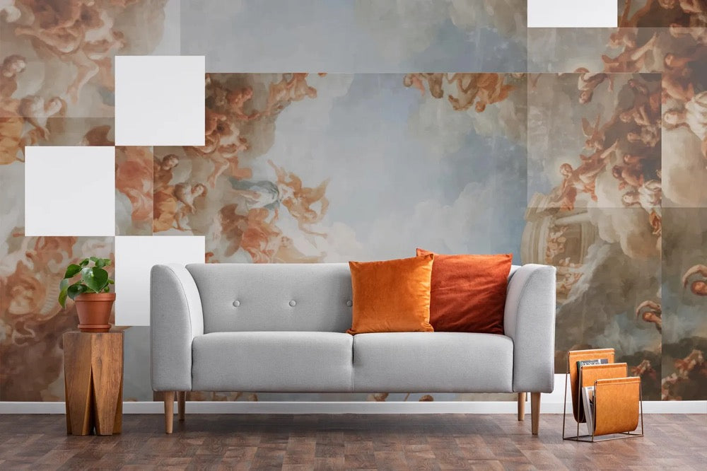 Ceiling Painting wallpaper / Peel & Stick Vintage Pixel Art wall mural / Distorted Baroque Sky mural – Removable Self-adhesive