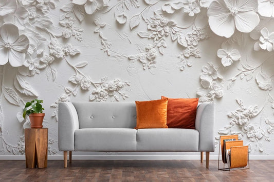 3D Floral Bloom wallpaper / Peel & Stick Botanical Relief wall mural / Sculpted Flowers mural print – Removable Self-adhesive or