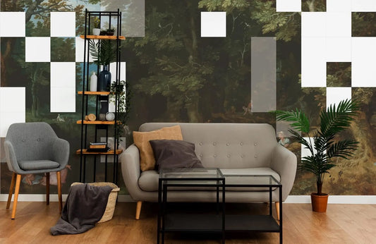 Vintage Landscape wallpaper / Peel & Stick Pixel Art wall mural / Dead Pixels Forest Scene mural – Removable Self-adhesive or Non