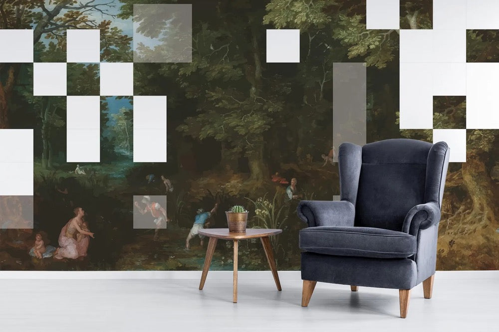 Vintage Landscape wallpaper / Peel & Stick Pixel Art wall mural / Dead Pixels Forest Scene mural – Removable Self-adhesive or Non